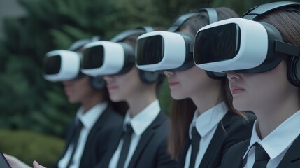 Four businesswomen wearing VR headsets experience immersive technology, exploring virtual worlds and innovative solutions.