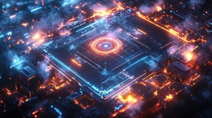 Obraz premium A dynamic abstract gaming design featuring virtual arenas, glowing holograms, and pixelated grids