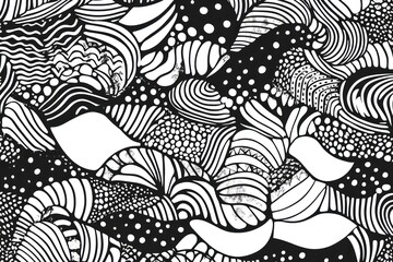 Abstract black and white wave pattern with intricate designs