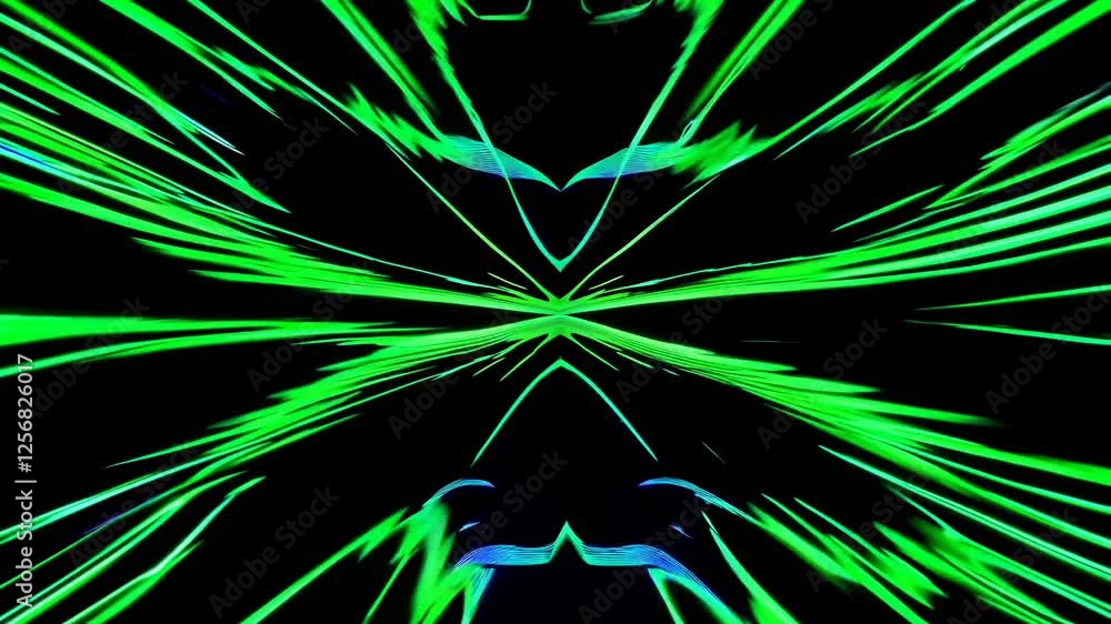 Poster abstract video with green neon light streaks forming symmetrical patterns. dynamic top-down camera a