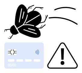 Fly representing malware, credit card with NFC chip, and warning sign convey insecurity in digital transactions. Ideal for phishing, hacking risks, cybersecurity, data threats, online scams, payment