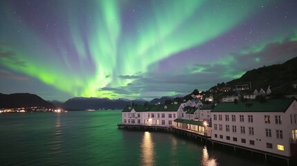 Stunning aurora borealis lights dance above a picturesque coastal town, illuminating the waterfront buildings and tranquil waters.