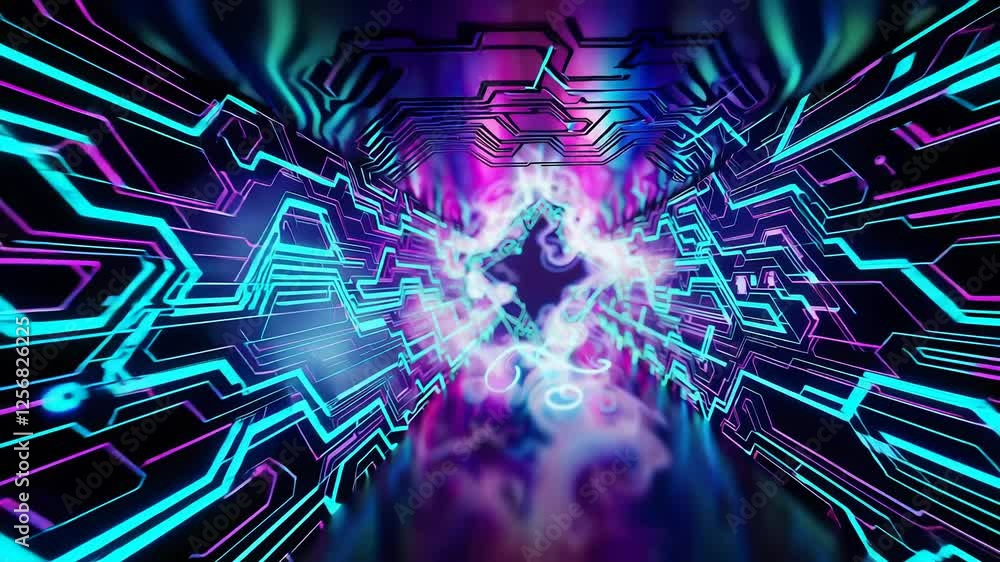 Poster futuristic neon tunnel with dynamic digital patterns and energetic light pulses in vivid colors
