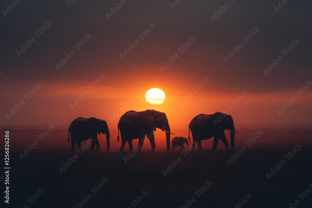Poster three elephants walking in a field with the sun setting in the background
