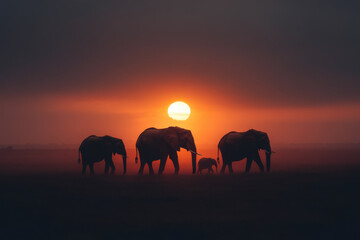 Three elephants walking in a field with the sun setting in the background