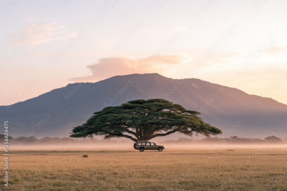 Poster a large tree stands in the middle of a field with a car parked underneath it