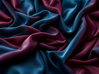 Fototapeta premium Red Silk Background: A luxurious close-up of silky fabric in rich blue and maroon hues with elegant folds and smooth texture.