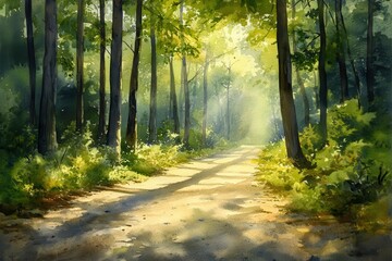 Fototapeta premium Sunlit path through lush green forest, trees casting long shadows. Ideal for nature, tranquility, and peaceful journey themes.