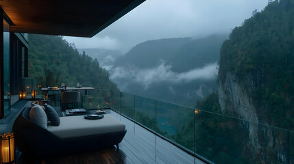 Mountain view from luxury balcony, misty evening, relaxation