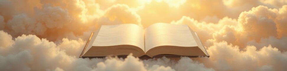 A blank book drifting in a sea of shimmering golden clouds, white, shimmering, golden mist