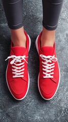 Red sneakers, woman's legs, workout, grey floor, fitness