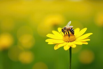 A bee landing on a bright yellow daisy in a field, bee, pollination, daisy field