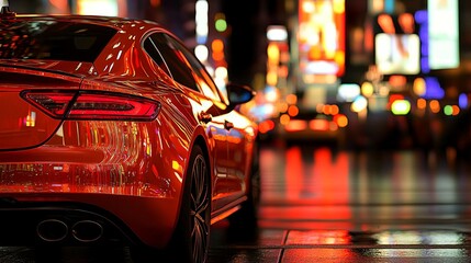 A shiny red luxury car parked on a city street at night, reflecting the vibrant neon lights.