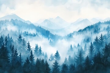 Misty blue mountains and a dense pine forest. Ideal for serene nature, travel, or environmental projects.