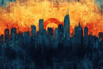 Urban skyline is silhouetted against an abstract sunset backdrop