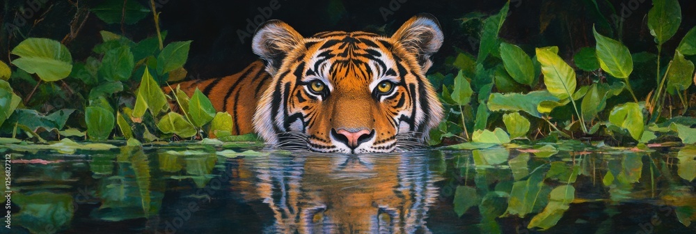 Poster majestic tiger with an intense gaze emerging from lush greenery in a tranquil water setting at sunse
