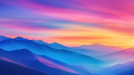 Obraz premium A vibrant gradient of pink, purple, blue, and orange hues stretches across a mountainous landscape at sunset, creating a serene and dreamy atmosphere.