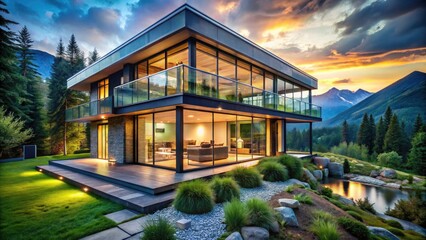 Fototapeta premium Modern Smart Glass and Steel Chalet with Panoramic Views, LED Lighting, and Candid Photography for Contemporary Architecture Lovers
