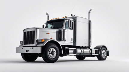 Shiny silver semi-truck standing in studio setting, transporting goods across country