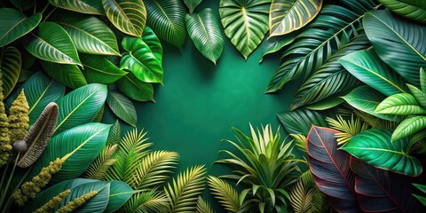 Exotic tropical leaves against a vibrant green background with lush foliage and intricate patterns , nature scenery, plant life