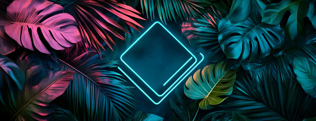 Neon sign tropical leaves background