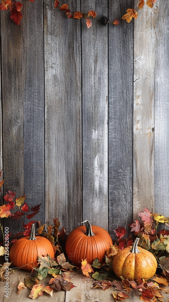Poster three pumpkins sitting on floor with fall leaves surrounding them in front of rustic wooden wall