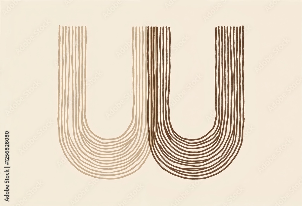 Poster abstract u-shape line art: minimalist design with concentric patterns in beige and taupe on cream ba