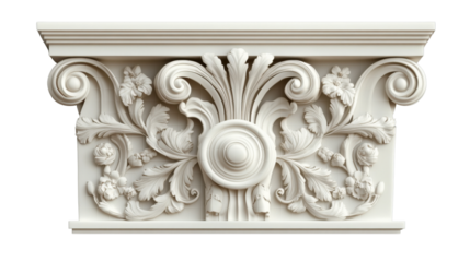 White architectural capital with floral ornaments on transparent background