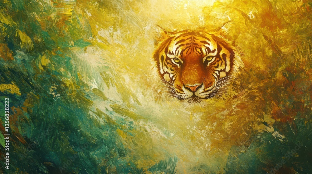 Leinwandbilder vibrant impressionist tiger portrait set against a lush jungle background with space for additional 