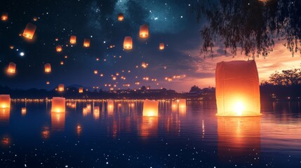 Serene Night Sky with Floating Lanterns
