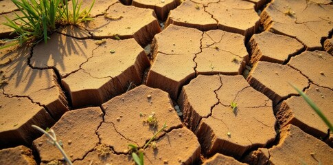 Clay earth surface with large cracks and weeds, clay, drought