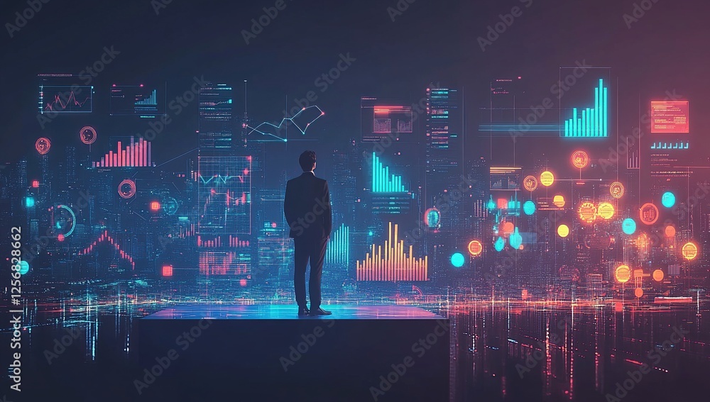 Poster analyst reviews futuristic data visualizations on a digital cityscape screen, showing technological 