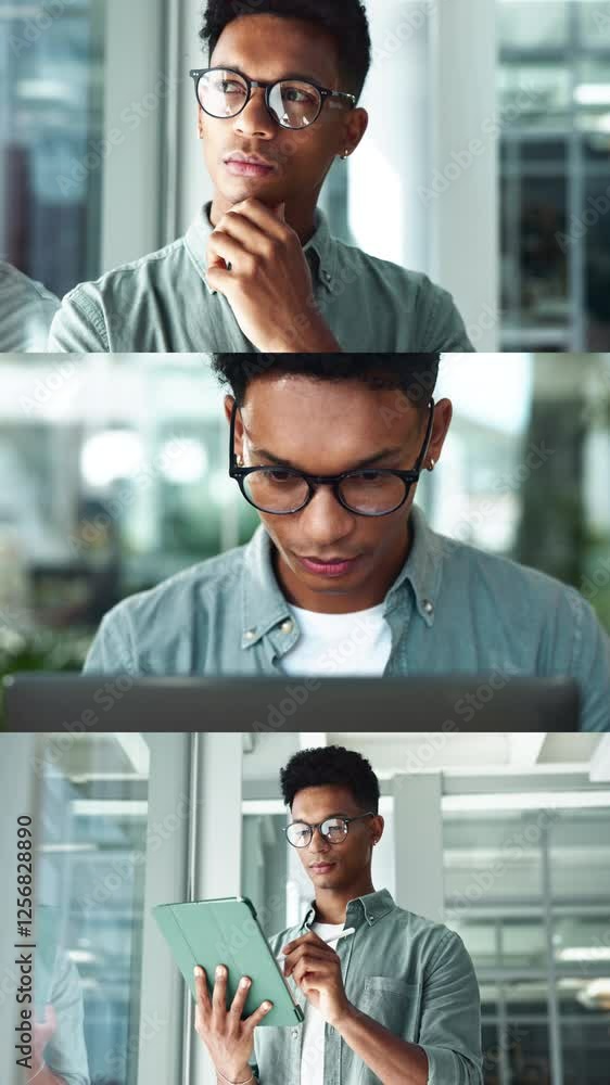 Poster collage, businessman and thinking with technology in office for planning and networking on tablet. c