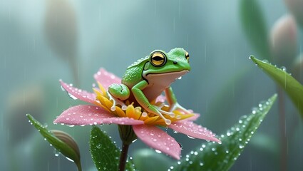 Naklejka premium A small, vibrant green frog with bright golden eyes and delicate, translucent skin, perched on top of a colorful, delicate wildflower with soft, velvety petals in shades of pink, yellow, and white, ra