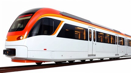 Modern high-speed train standing on rails on white background