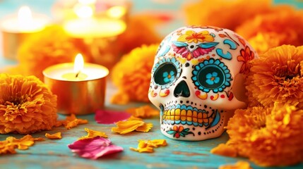 Fototapeta premium Vibrant Sugar Skull and Marigold Flowers: A Day of the Dead Celebration