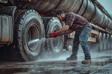 Worker Power Washes Truck Tires Clean Efficiently Outdoors