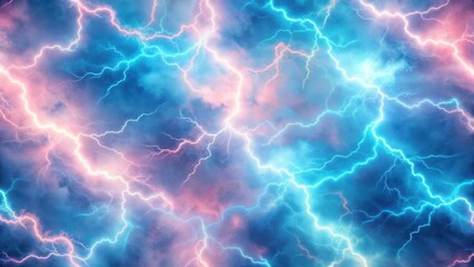 Pastel pink and blue lightning flashes in a swirling stormy sky background with a seamless repeatable pattern for designing, printing or digital products, pastel colors, design background
