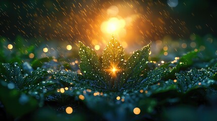 Close-up of dewy green leaves glistening in sunlight, with shimmering bokeh in the background