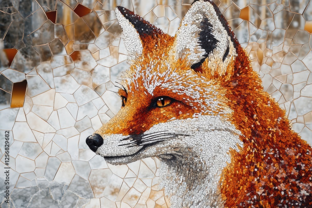 Poster Mosaic fox portrait featuring intricate patterns against a snowy forest backdrop with stunning detail. Generative AI