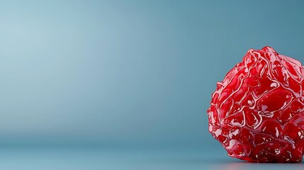 Glossy red textured sphere on a smooth blue background, creating a vibrant abstract composition