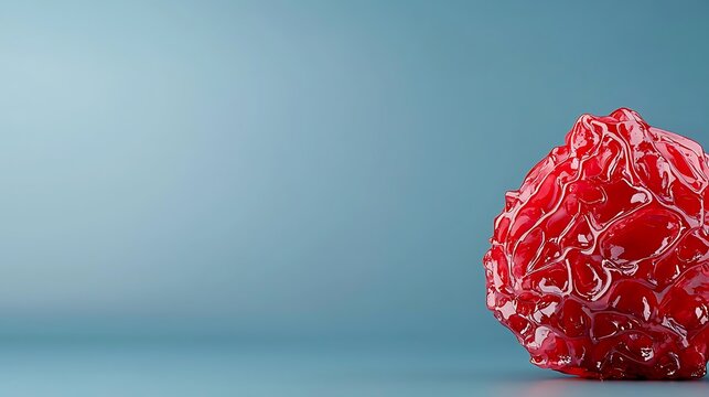 Glossy red textured sphere on a smooth blue background, creating a vibrant abstract composition