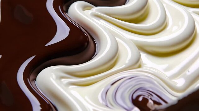 Smooth swirls of dark and white chocolate mixing in hypnotic motion