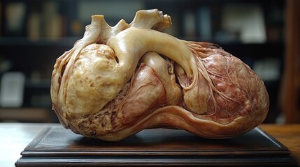 Anatomical Model of a Heart Displayed on a Wooden Base in a Study with Books in Background