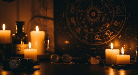 Mystical candlelit scene with pendulum and astrology chart in dark ambiance