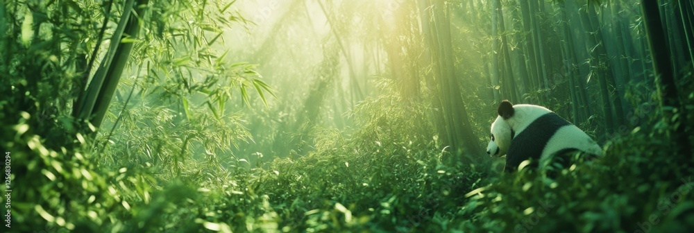 Poster portrait of a panda in a lush bamboo forest under soft sunlight with space for additional text. gene