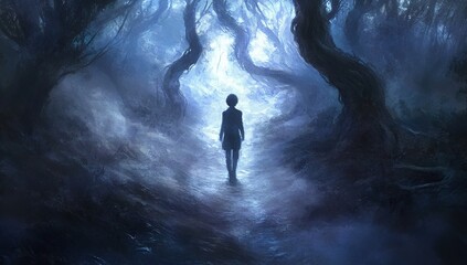 Fototapeta premium Mysterious Figure Walks Through Enchanting, Dark Forest Path Towards Light, Magical Journey Awaits