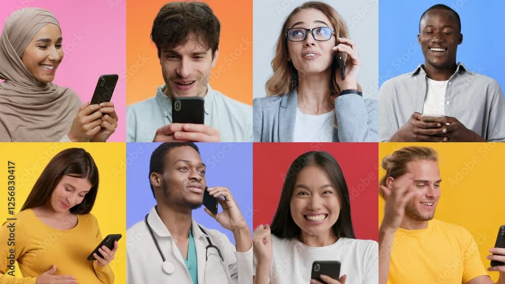 Poster A collection of individuals from various backgrounds joyfully using smartphones against colorful backgrounds. Each person displays unique expressions, showcasing the connection through technology.