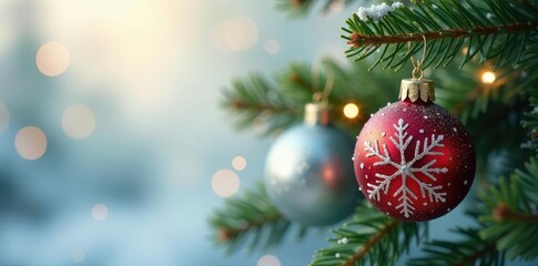 Glittering snowflake ornaments on a fir branch, snowflake, garland