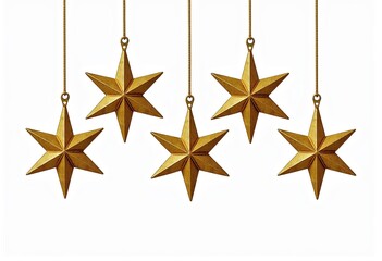 Obraz premium Six Golden Christmas Star Decorations: Hanging Ornaments Isolated on White Background, Perfect for Holiday Designs, Festive Greetings, and Seasonal Projects
